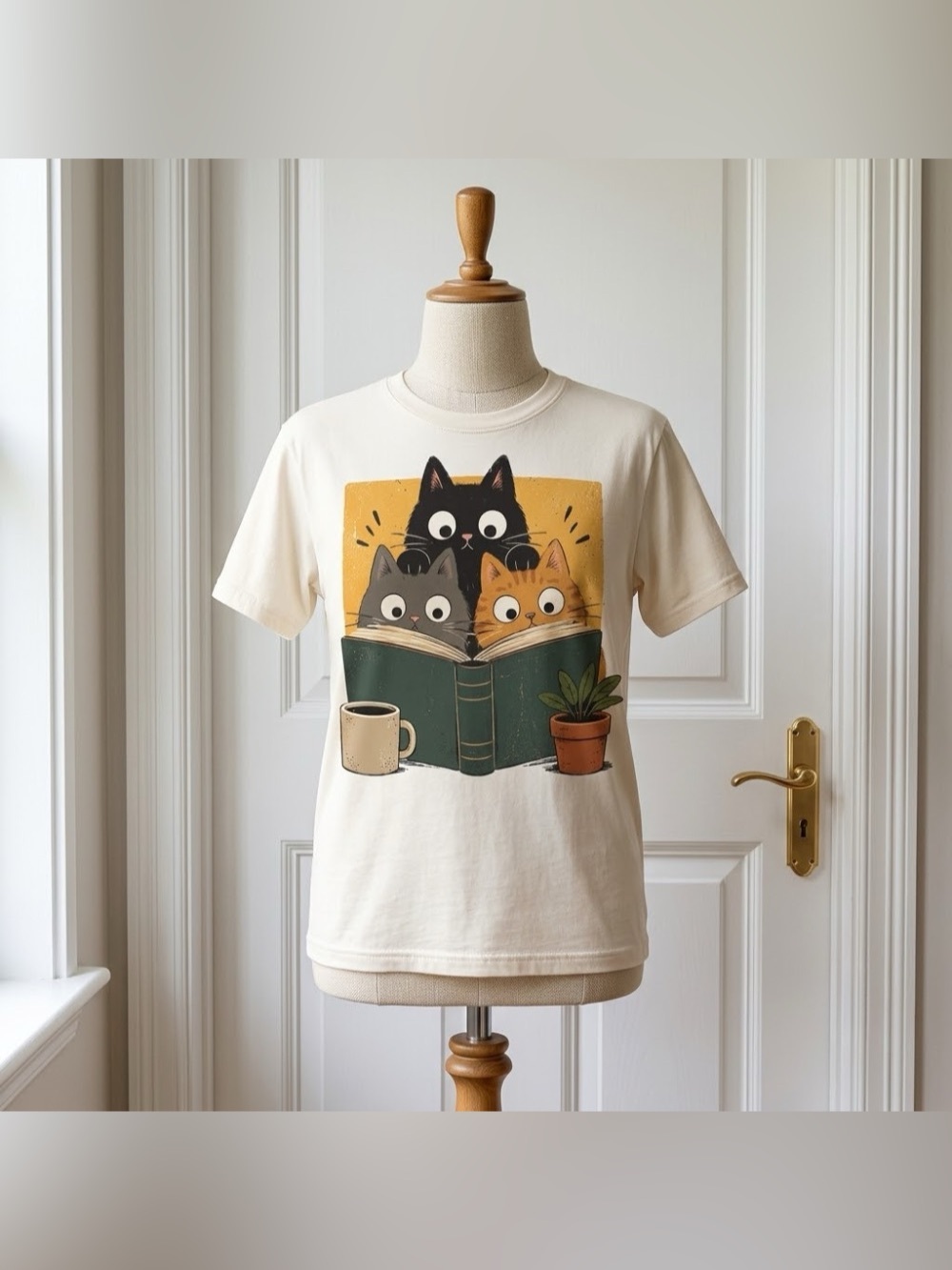 Retro Curious Reading Cats Graphic Tee, Book Lover Cat T-Shirt